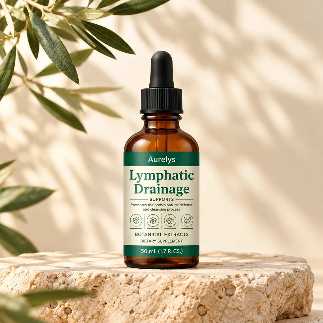 Imagen ilustrativa de Lymphatic Drainage sobre una base de piedra, con hojas naturales